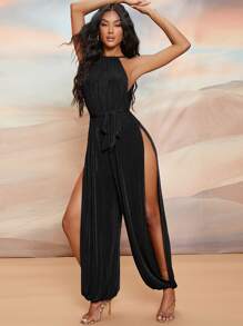 SHEIN BAE Tie Backless Split Side Belted Halter Jumpsuit - Black - View 2