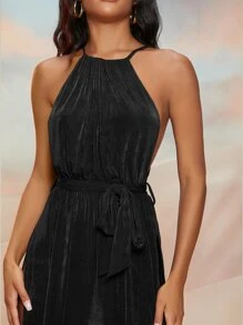 SHEIN BAE Tie Backless Split Side Belted Halter Jumpsuit - Black - View 5