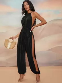 SHEIN BAE Tie Backless Split Side Belted Halter Jumpsuit - Black - View 1