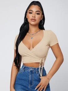 SHEIN SXY Áo thun nữ Trọn gói Gân đan Thắt nơ trước màu trơn Gợi cảm - Màu be - Xem 1