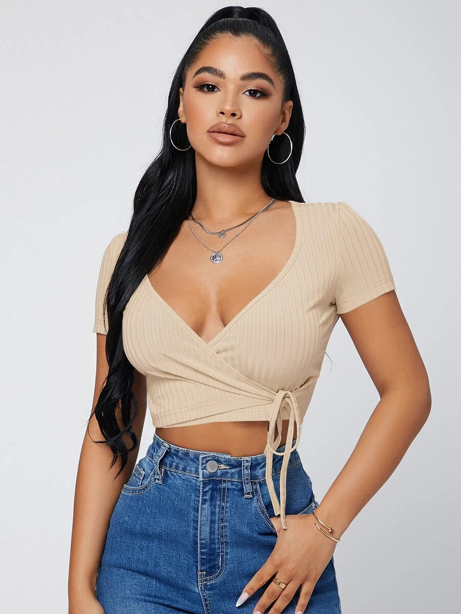 SHEIN SXY Áo thun nữ Trọn gói Gân đan Thắt nơ trước màu trơn Gợi cảm - Màu be - Xem 1