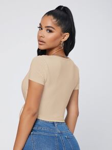 SHEIN SXY Áo thun nữ Trọn gói Gân đan Thắt nơ trước màu trơn Gợi cảm - Màu be - Xem 2