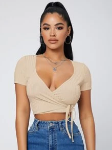 SHEIN SXY Áo thun nữ Trọn gói Gân đan Thắt nơ trước màu trơn Gợi cảm - Màu be - Xem 3