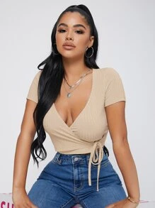 SHEIN SXY Áo thun nữ Trọn gói Gân đan Thắt nơ trước màu trơn Gợi cảm - Màu be - Xem 4