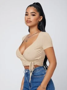 SHEIN SXY Áo thun nữ Trọn gói Gân đan Thắt nơ trước màu trơn Gợi cảm - Màu be - Xem 5