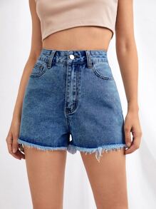 Shorts mezclilla bajo crudo - Azul lavado medio - Ver 1