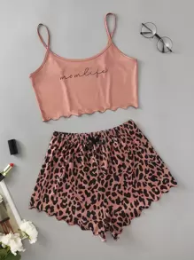 Letter Pattern Lettuce Trim Crop Cami Top & Leopard Print Shorts PJ Set - Multicolor - View 1