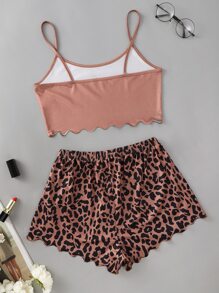 Letter Pattern Lettuce Trim Crop Cami Top & Leopard Print Shorts PJ Set - Multicolor - View 2