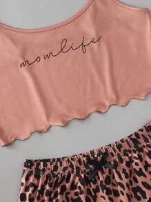 Letter Pattern Lettuce Trim Crop Cami Top & Leopard Print Shorts PJ Set - Multicolor - View 3