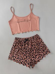 Letter Pattern Lettuce Trim Crop Cami Top & Leopard Print Shorts PJ Set - Multicolor - View 4