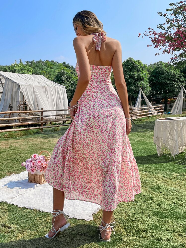 SHEIN Holidaya Floral Print Shirred Ruched Bust Tie Backless A-Line Dress  Maxi Vacation Beach Outfits Women | SHEIN USA