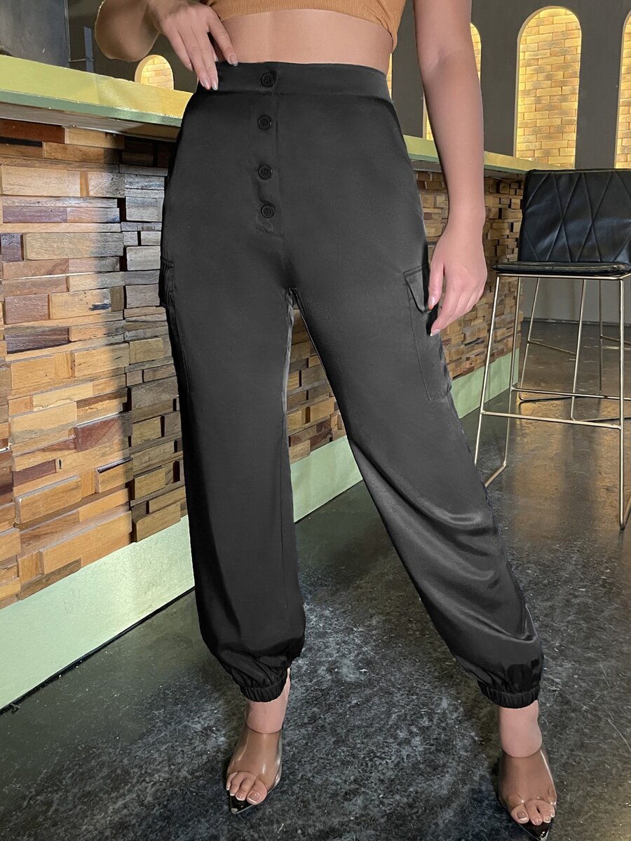 Button Fly Flap Pocket Cargo Trousers - Black - View 1