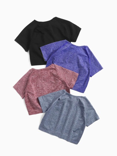 4pcs Seamless Marled Eyelet Detail Raglan Sleeve Topstitching Sports Tee