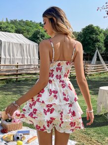 SHEIN VCAY 印花打褶前繫帶多層下擺連衣裙 - 彩色 - 查看 2