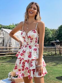 SHEIN VCAY 印花打褶前繫帶多層下擺連衣裙 - 彩色 - 查看 3