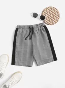 SHEIN Quần Short Trai Dây kéo Sọc bên Sọc ca rô Giải trí - Xám - Xem 1