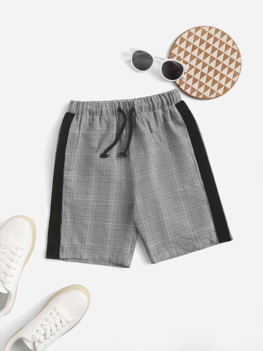 SHEIN Quần Short Trai Dây kéo Sọc bên Sọc ca rô Giải trí - Xám - Xem 1