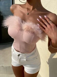 Allurite Fuzzy Trim Tube Top - Baby Pink - View 5