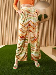SHEIN VCAY Elastic Waist Marble Print Wide Leg Pants - Multicolor - View 1