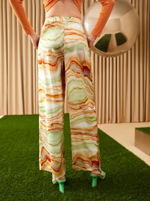 SHEIN VCAY Elastic Waist Marble Print Wide Leg Pants - Multicolor - View 2