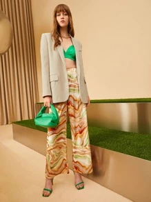 SHEIN VCAY Elastic Waist Marble Print Wide Leg Pants - Multicolor - View 3