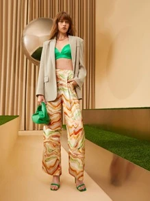 SHEIN VCAY Elastic Waist Marble Print Wide Leg Pants - Multicolor - View 7