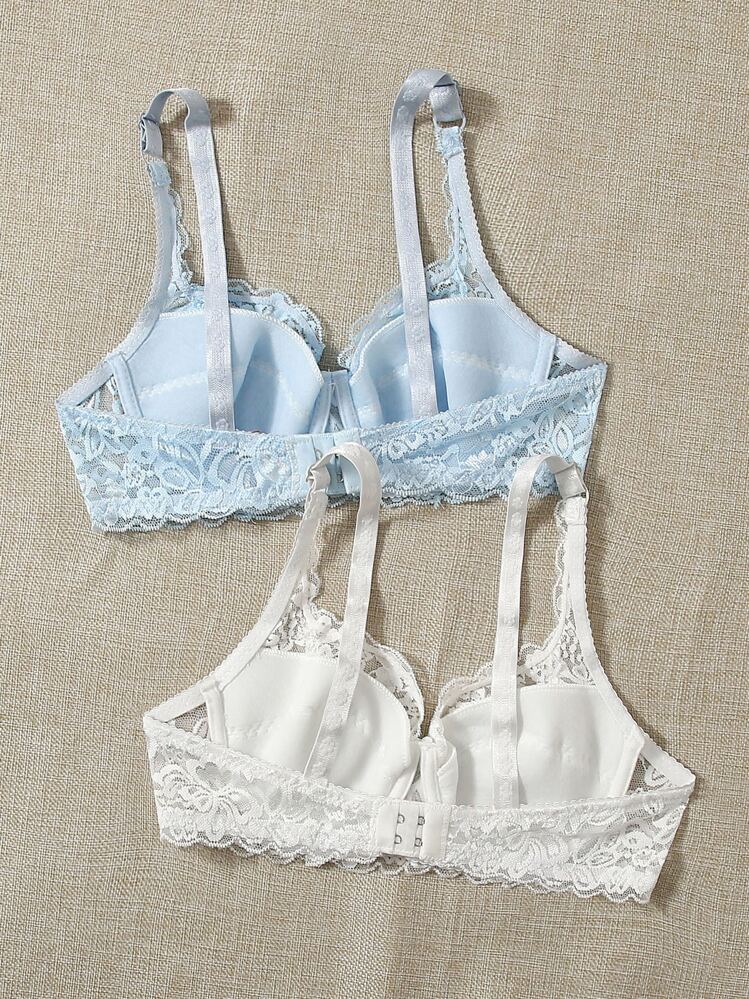 2packs Floral Lace Underwire Lingerie Bra - Blue and White - View 2
