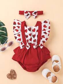 Baby Girl Heart Print Ruffle Trim Bow Front Bodysuit With Headband - Red and White - View 1