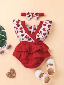 Baby Girl Heart Print Ruffle Trim Bow Front Bodysuit With Headband - Red and White - View 2