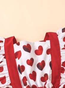 Baby Girl Heart Print Ruffle Trim Bow Front Bodysuit With Headband - Red and White - View 3