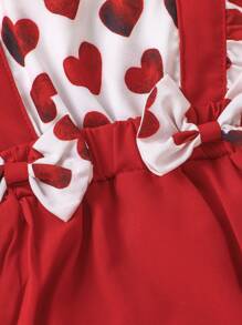 Baby Girl Heart Print Ruffle Trim Bow Front Bodysuit With Headband - Red and White - View 4