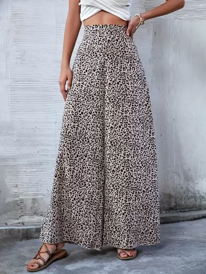 Breezaya Leopard Print High Waist Wide Leg Trousers