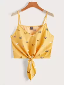 SHEIN VCAY Tie Hem Butterfly Print Cami Crop Top - Yellow - View 1