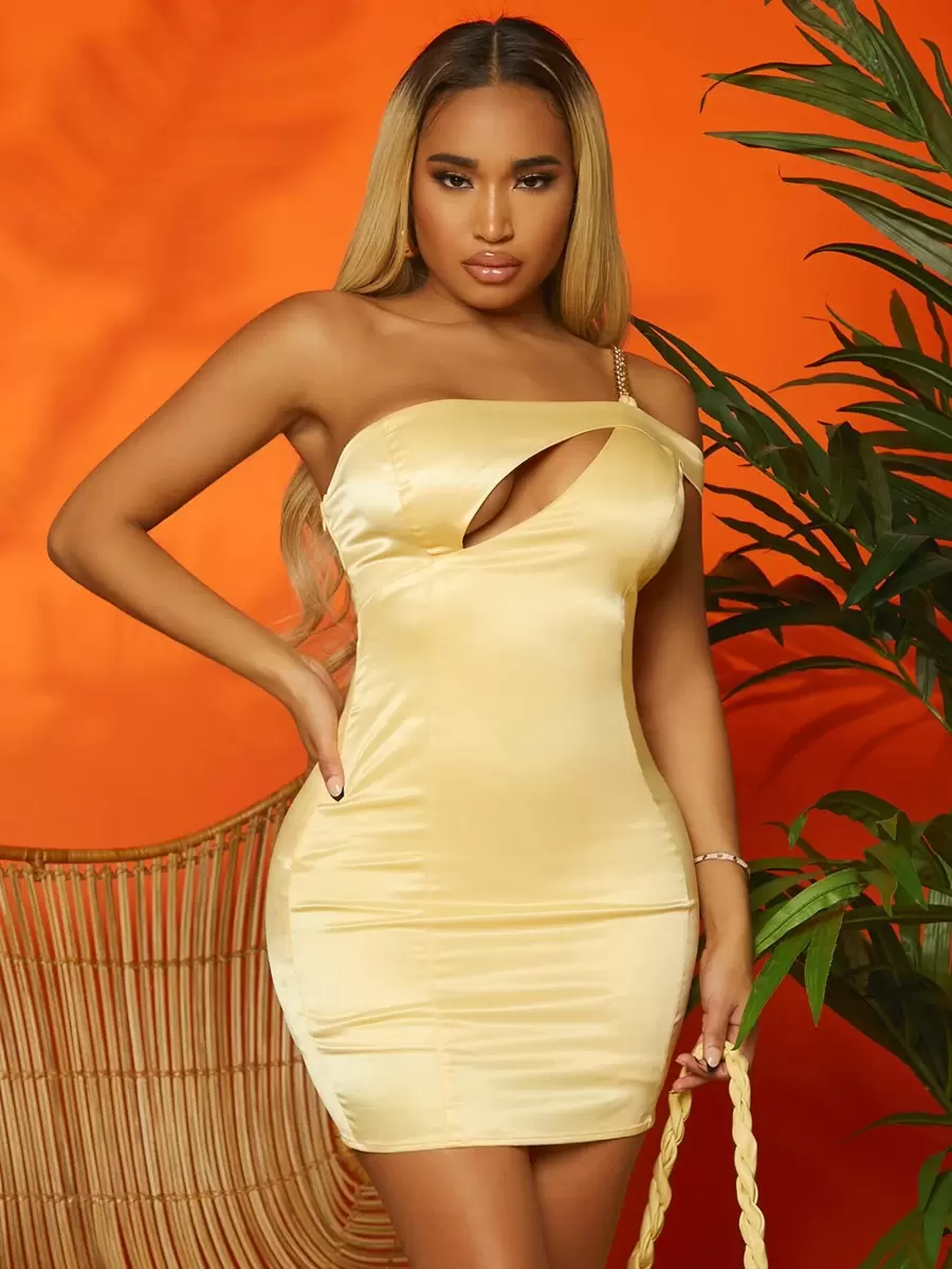 SHEIN SXY One Shoulder Chain Detail Cut-out Satin Bodycon Dress - Yellow - View 1