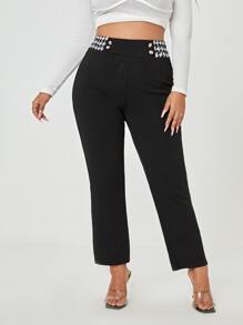 SHEIN Clasi Plus Contrast Houndstooth Waist Pants - Black - View 2