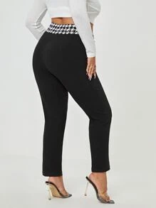 SHEIN Clasi Plus Contrast Houndstooth Waist Pants - Black - View 3