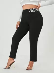 SHEIN Clasi Plus Contrast Houndstooth Waist Pants - Black - View 1