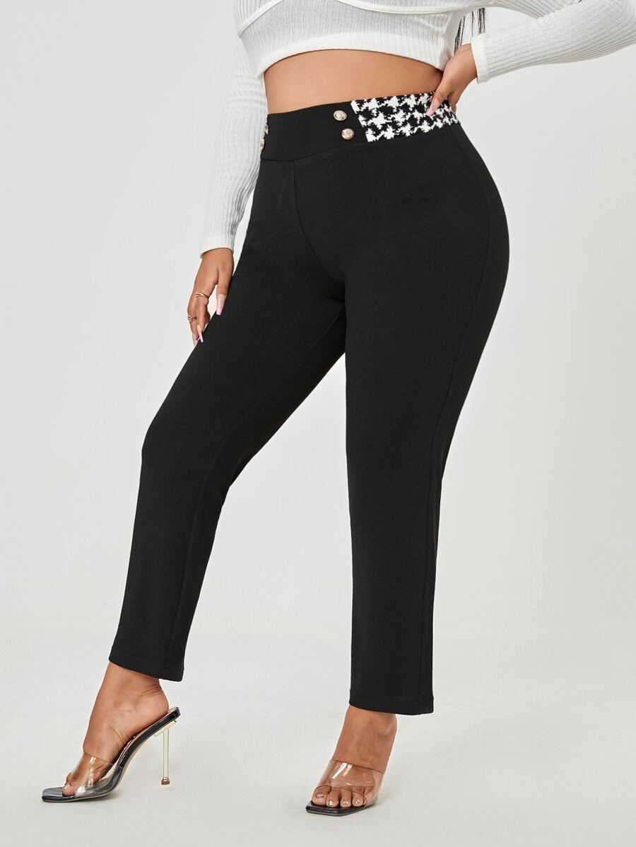 SHEIN Clasi Plus Contrast Houndstooth Waist Pants - Black - View 1