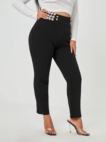 SHEIN Clasi Plus Contrast Houndstooth Waist Pants - Black - View 4