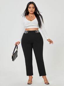 SHEIN Clasi Plus Contrast Houndstooth Waist Pants - Black - View 5