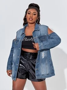 SHEIN SXY 大碼破洞抽鬚挖肩牛仔夾克 - 深色水洗藍 - 查看 1