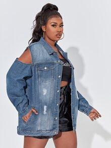 SHEIN SXY 大碼破洞抽鬚挖肩牛仔夾克 - 深色水洗藍 - 查看 4