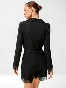 Double Crazy 蕾絲邊西裝領腰帶連身短褲 - 黑色 - 查看 2
