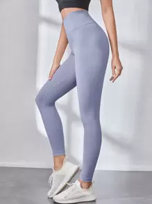 Easithlete 瑜伽打底褲無縫高彈力收復緊縮褶皺臀部運動緊身褲 - 藍色 - 查看 4