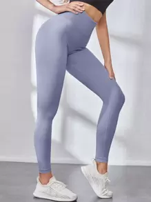 Easithlete 瑜伽打底褲無縫高彈力收復緊縮褶皺臀部運動緊身褲 - 藍色 - 查看 5