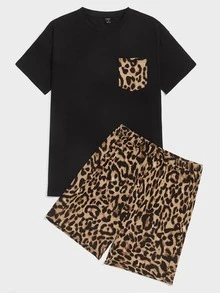 SHEIN Men Leopard Print Patch Pocket Top & Shorts Loungewear Set - Multicolor - View 3