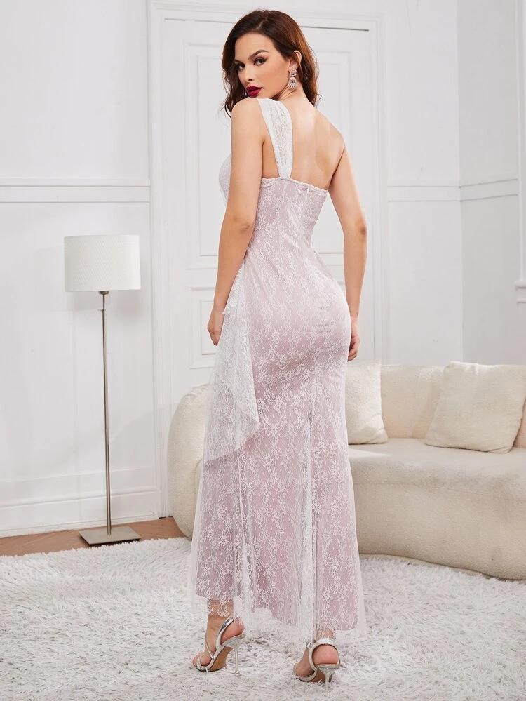 Zip Back Draped Floral Lace Bridesmaid Dress