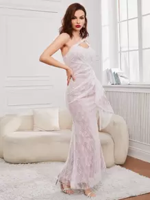 SHEIN Belle Zip Back Draped Floral Lace Bridesmaid Dress - White - View 3