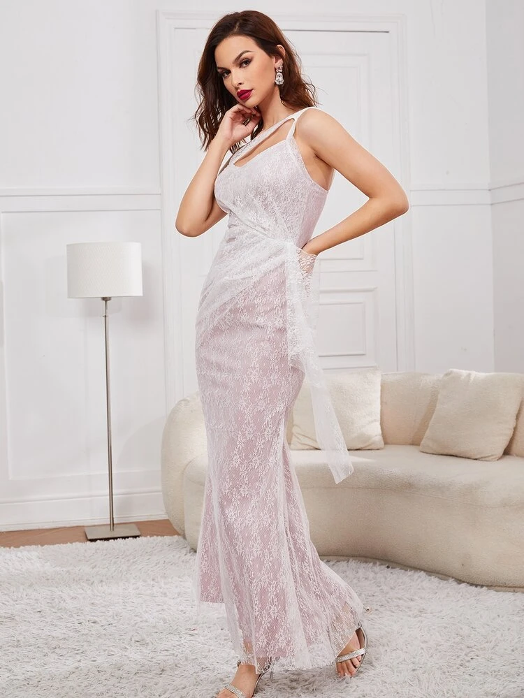 Zip Back Draped Floral Lace Bridesmaid Dress
