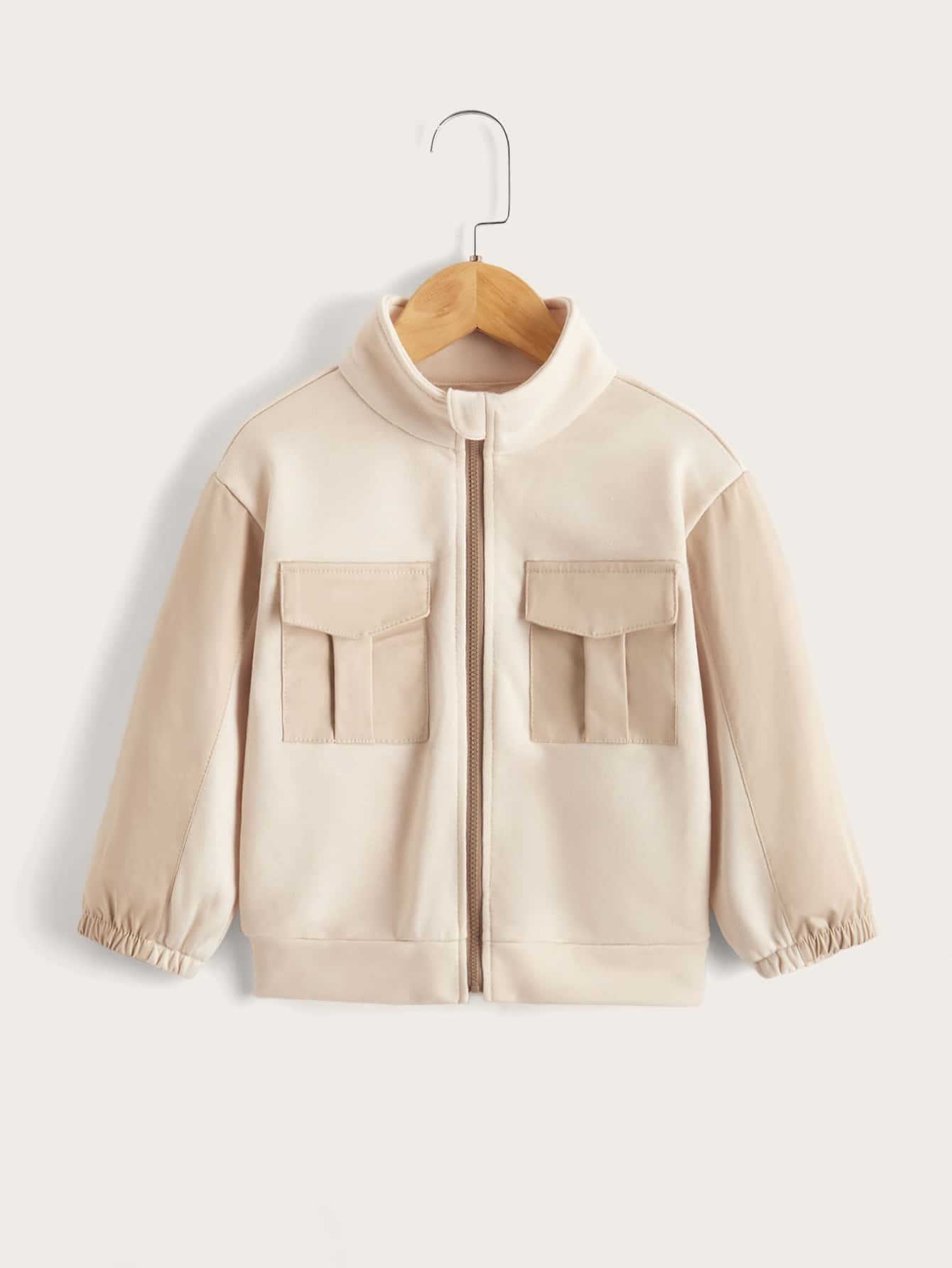 SHEIN Toddler Girl Jackets Túi Dây kéo Khối Màu Giải trí - Màu be - Xem 1